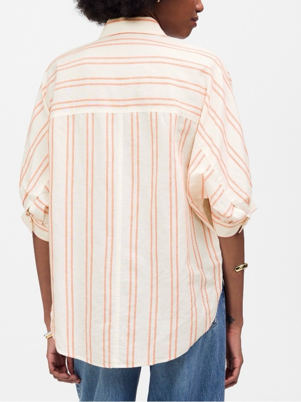 Madewell Oversized Pleated Sleeve Button Up Shirt in Bright Flame Stripe | XXL - Picture 3 of 14
